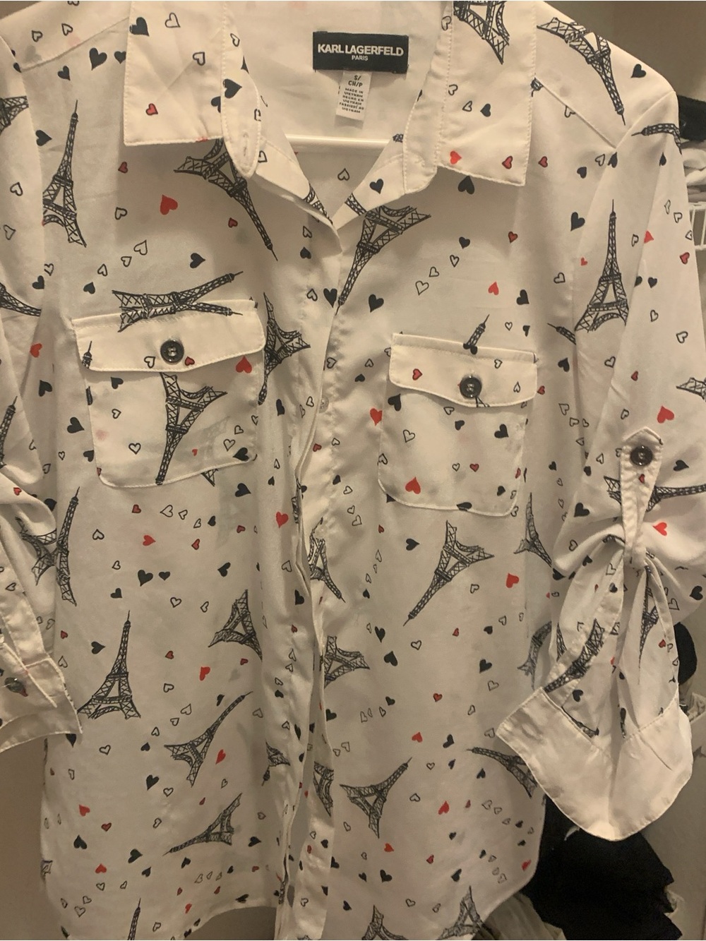 Karl Lagerfeld White Button-Down Shirt with Eiffel Tower & Heart Print